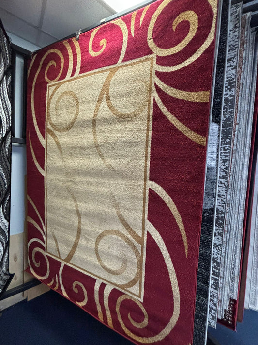 Elegant Red & Beige Swirl Border Area Rug – Classic Style